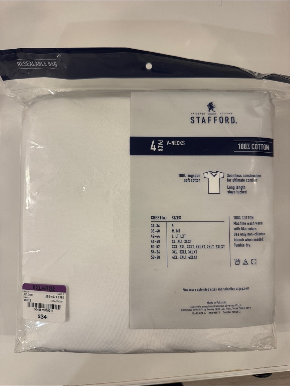 Stafford Men’s XXL - White V-Neck Men’s Undershirt - 100% Cotton - Picture 4 of 6